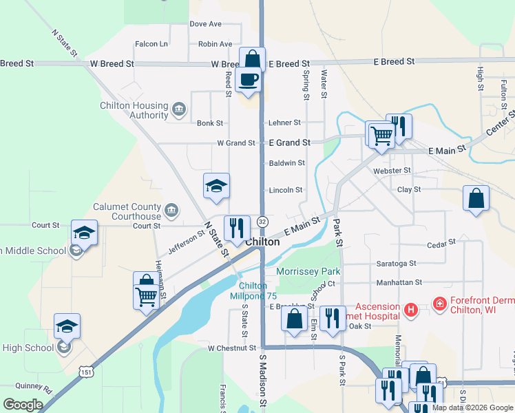 map of restaurants, bars, coffee shops, grocery stores, and more near 124 North Madison Street in Chilton