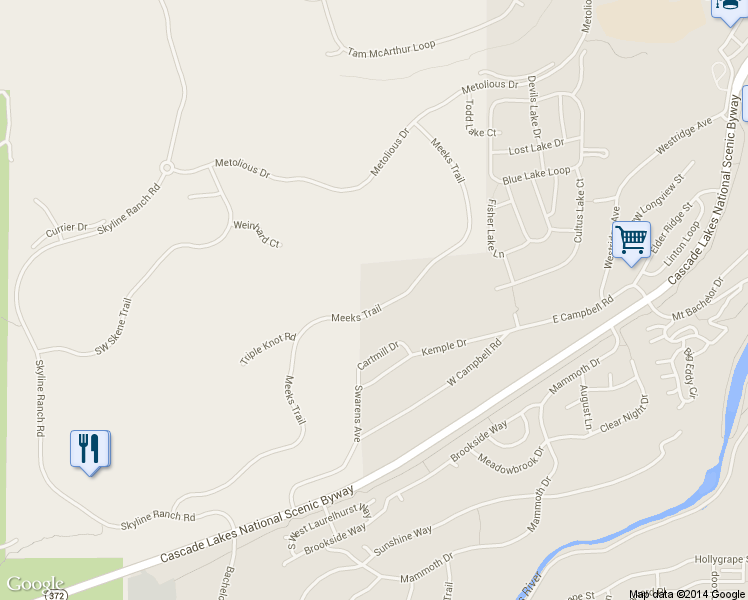map of restaurants, bars, coffee shops, grocery stores, and more near Meeks Trail in Bend