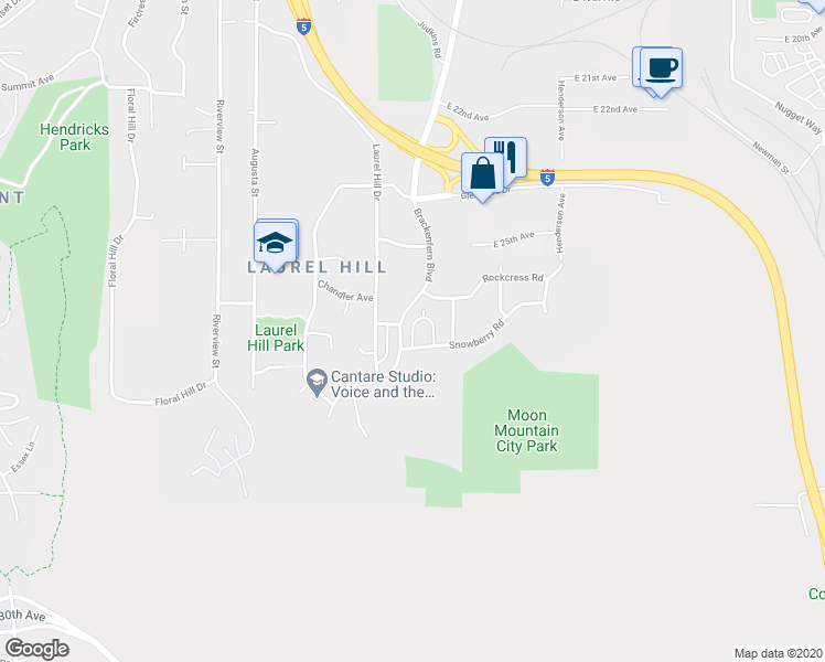 map of restaurants, bars, coffee shops, grocery stores, and more near Fieldcress Road in Eugene