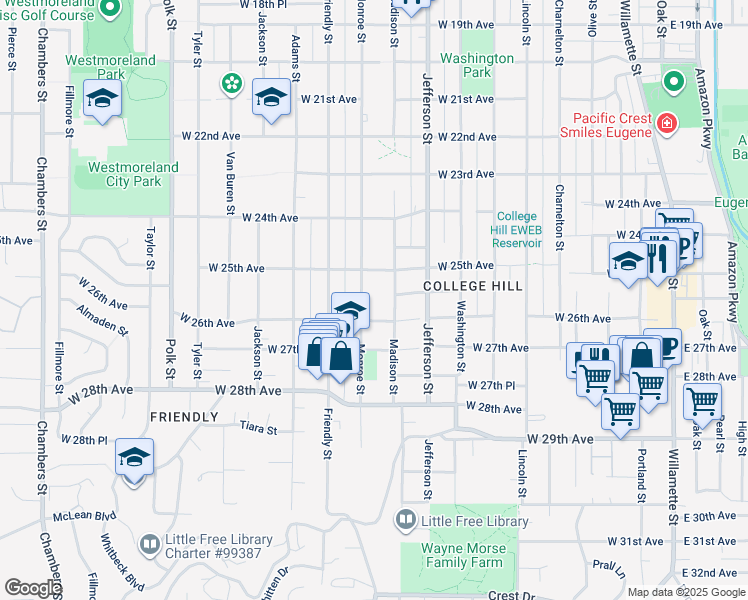 map of restaurants, bars, coffee shops, grocery stores, and more near 2575 Monroe Street in Eugene