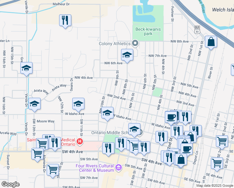 map of restaurants, bars, coffee shops, grocery stores, and more near 290 Northwest 9th Street in Ontario