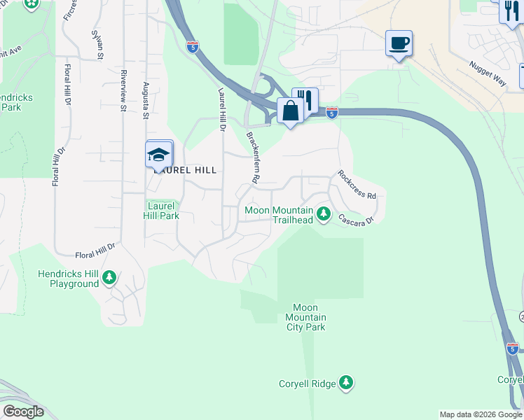 map of restaurants, bars, coffee shops, grocery stores, and more near 2580 Fieldcress Road in Eugene