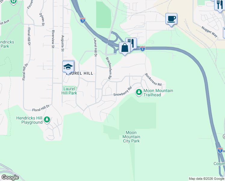 map of restaurants, bars, coffee shops, grocery stores, and more near 2551 Fieldcress Road in Eugene