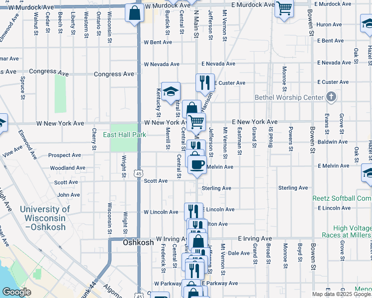 map of restaurants, bars, coffee shops, grocery stores, and more near 1121 Central Street in Oshkosh
