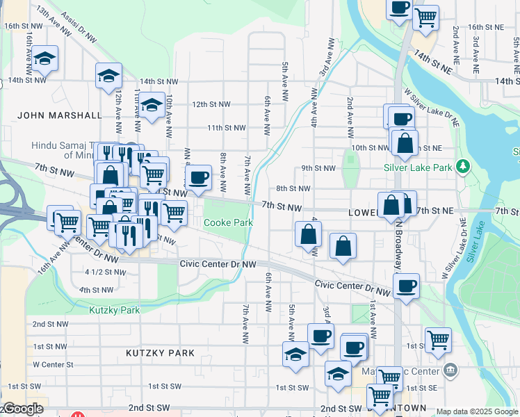 map of restaurants, bars, coffee shops, grocery stores, and more near in Rochester