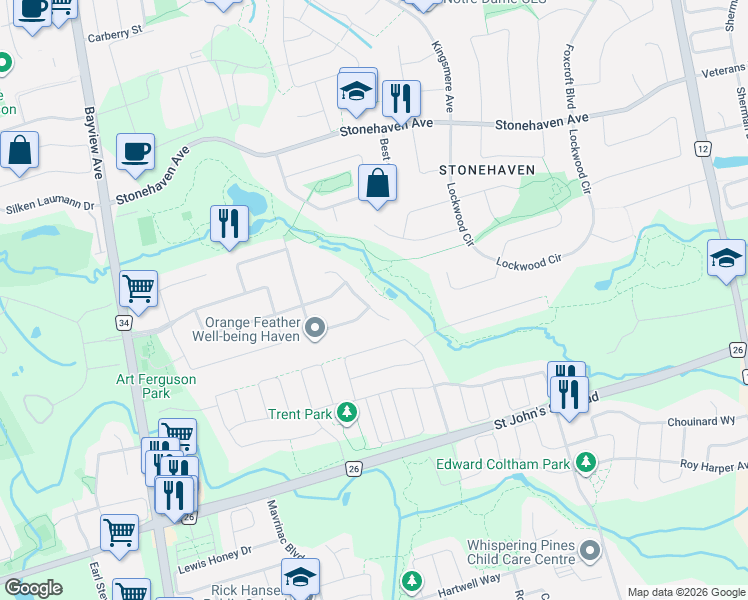 map of restaurants, bars, coffee shops, grocery stores, and more near 919 Schaeffer Outlook in Newmarket