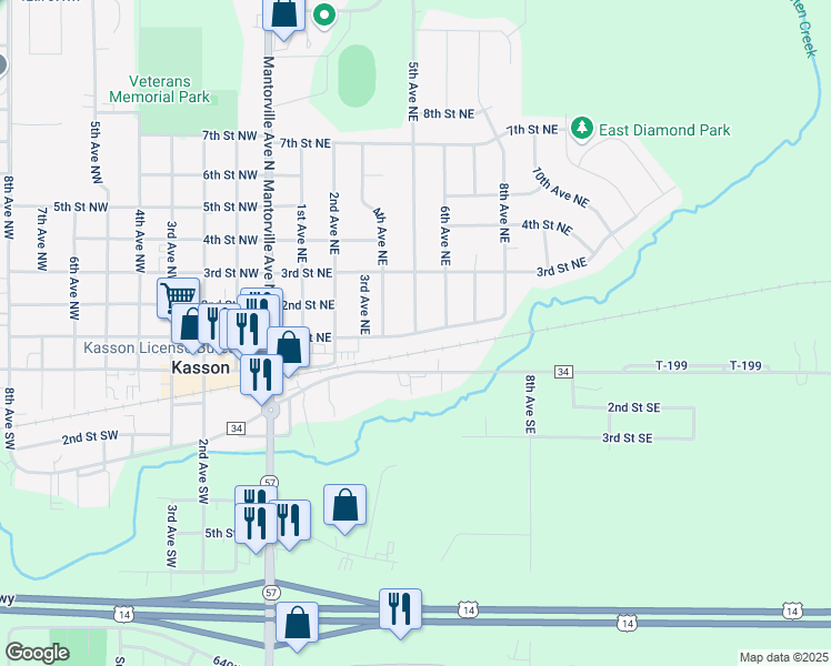 map of restaurants, bars, coffee shops, grocery stores, and more near 100 5th Avenue Northeast in Kasson