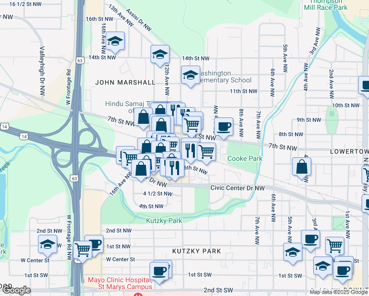 map of restaurants, bars, coffee shops, grocery stores, and more near 1010 7th Street Northwest in Rochester