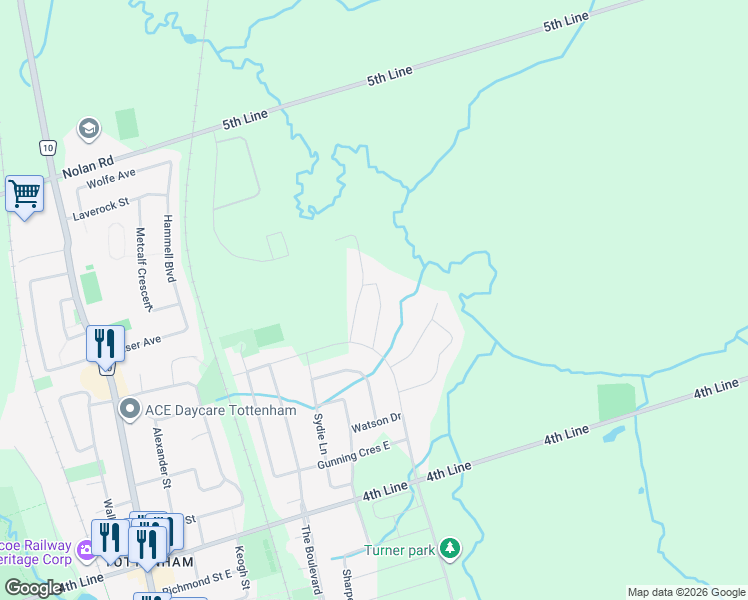 map of restaurants, bars, coffee shops, grocery stores, and more near 24 McKay Avenue in New Tecumseth