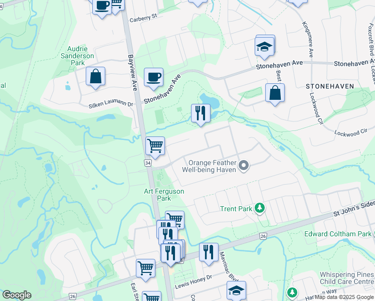 map of restaurants, bars, coffee shops, grocery stores, and more near 593 Brooker Ridge in Newmarket