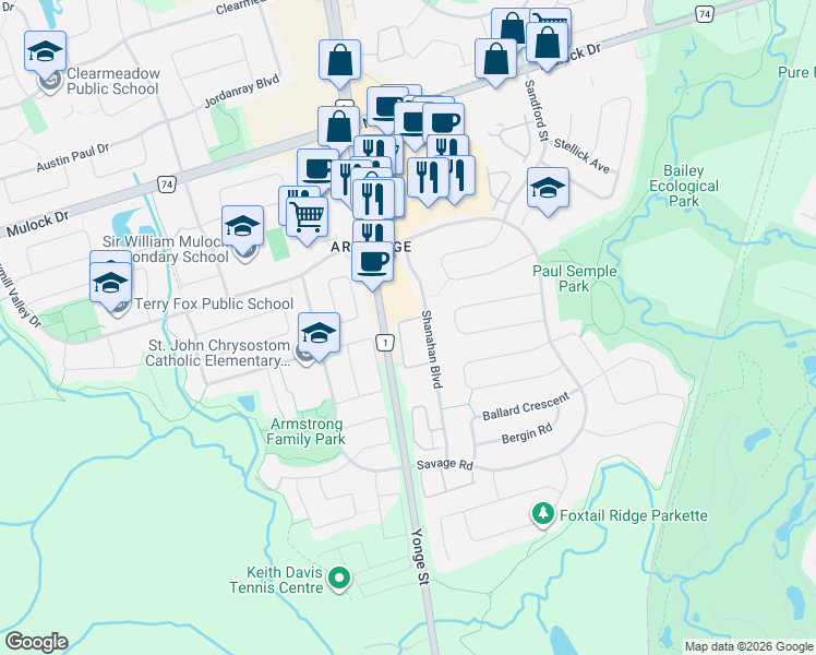 map of restaurants, bars, coffee shops, grocery stores, and more near 707 Caradonna Crescent in Newmarket