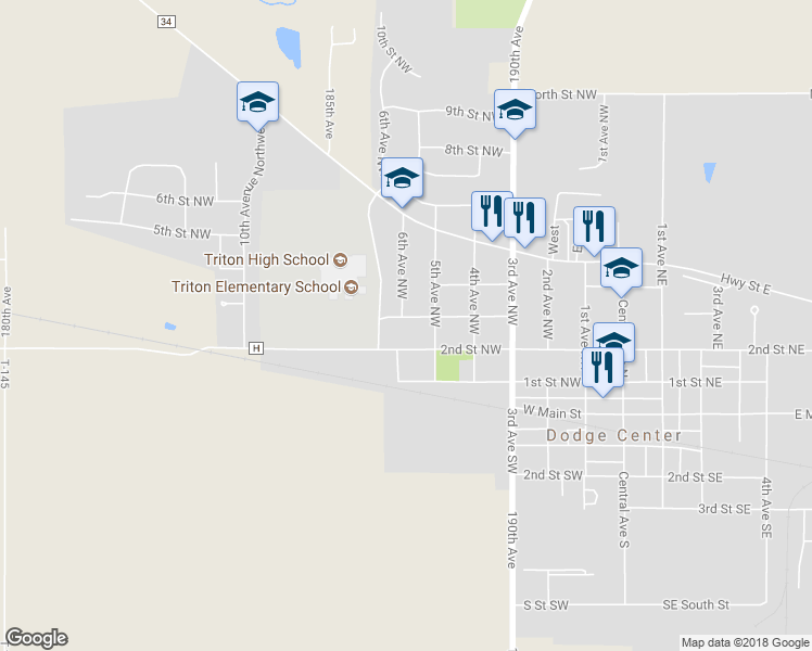 map of restaurants, bars, coffee shops, grocery stores, and more near 507 3rd Street Northwest in Dodge Center