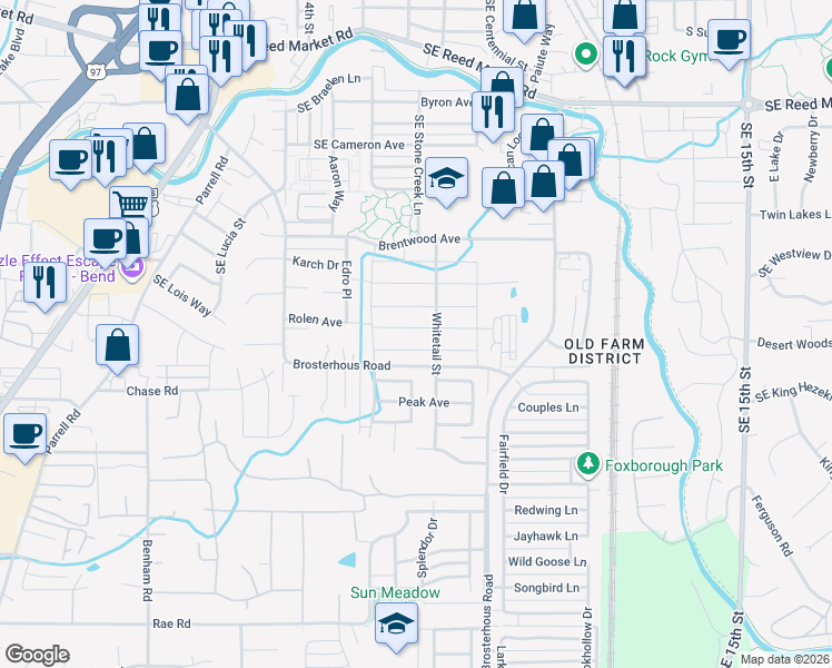 map of restaurants, bars, coffee shops, grocery stores, and more near 61400 Brosterhous Road in Bend