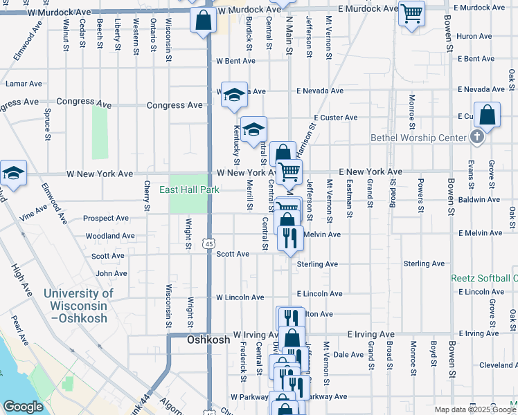 map of restaurants, bars, coffee shops, grocery stores, and more near 1121 Central Street in Oshkosh