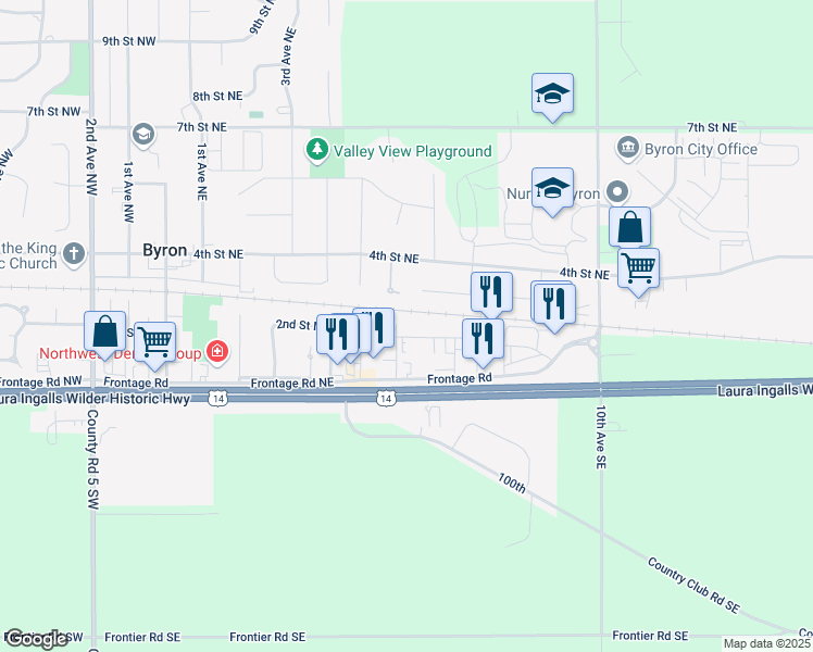 map of restaurants, bars, coffee shops, grocery stores, and more near 606 3rd Street Northeast in Byron