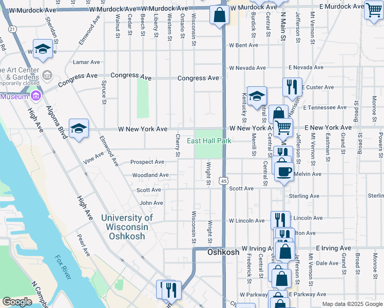 map of restaurants, bars, coffee shops, grocery stores, and more near 1117 Wisconsin Street in Oshkosh