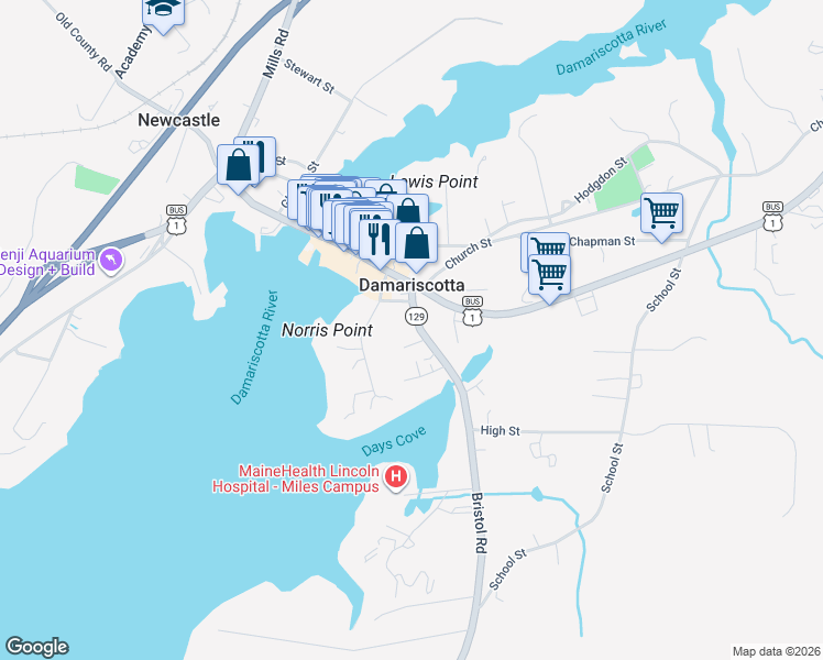 map of restaurants, bars, coffee shops, grocery stores, and more near 9 Maine 129 in Damariscotta