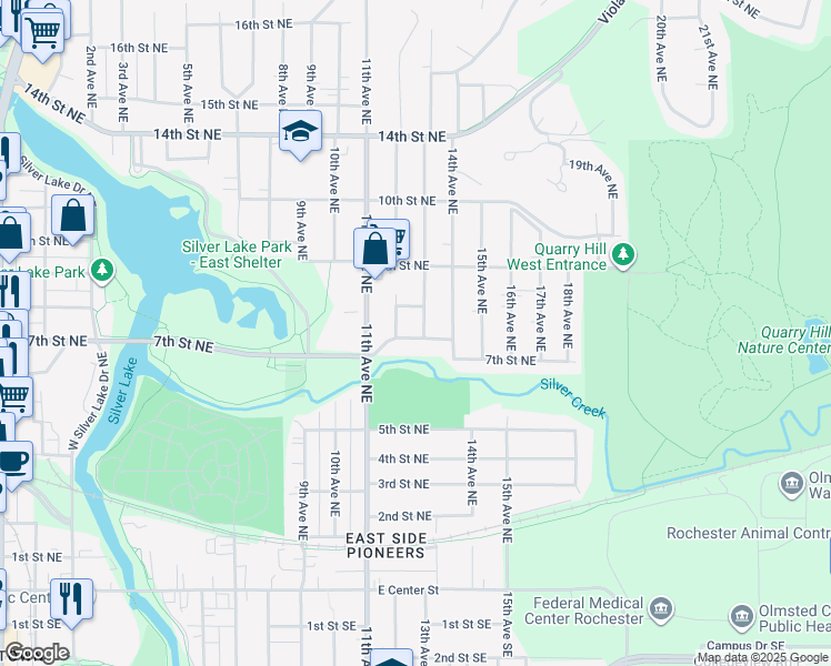 map of restaurants, bars, coffee shops, grocery stores, and more near 724 13th Avenue Northeast in Rochester