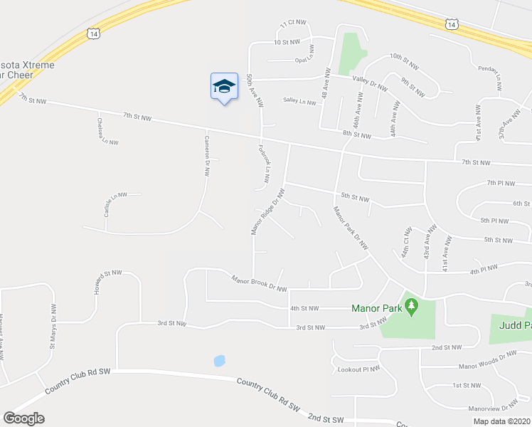 map of restaurants, bars, coffee shops, grocery stores, and more near 425 Manor Ridge Drive Northwest in Rochester