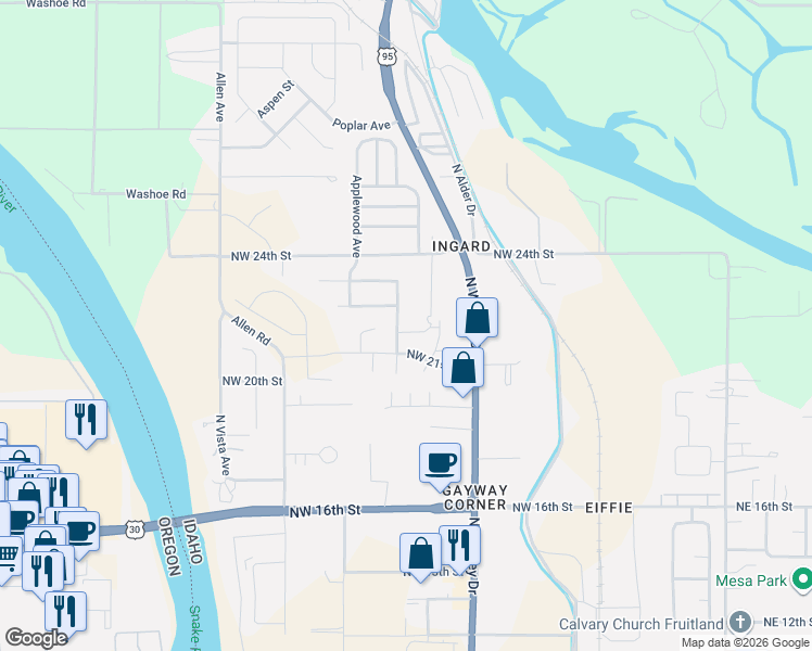 map of restaurants, bars, coffee shops, grocery stores, and more near 1022 Northwest 22nd Street in Fruitland