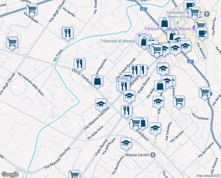 map of restaurants, bars, coffee shops, grocery stores, and more near 27 Via Fratelli Rosselli in Massa