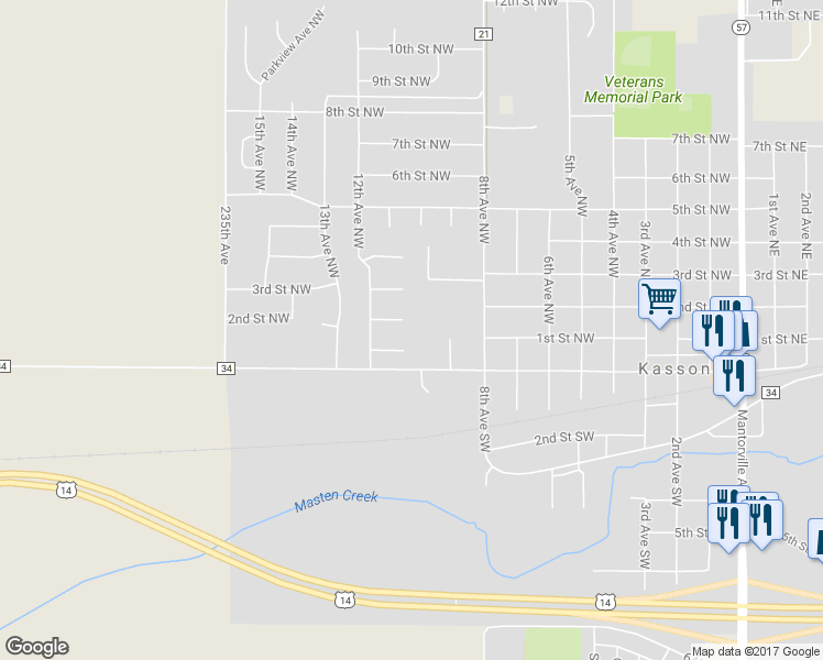 map of restaurants, bars, coffee shops, grocery stores, and more near 1001 2nd Place Northwest in Kasson