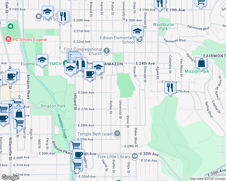 map of restaurants, bars, coffee shops, grocery stores, and more near 2585 Potter Street in Eugene