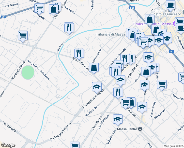 map of restaurants, bars, coffee shops, grocery stores, and more near 141 Via G. Carducci in Massa