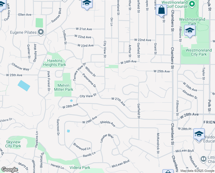 map of restaurants, bars, coffee shops, grocery stores, and more near 2555 City View Street in Eugene