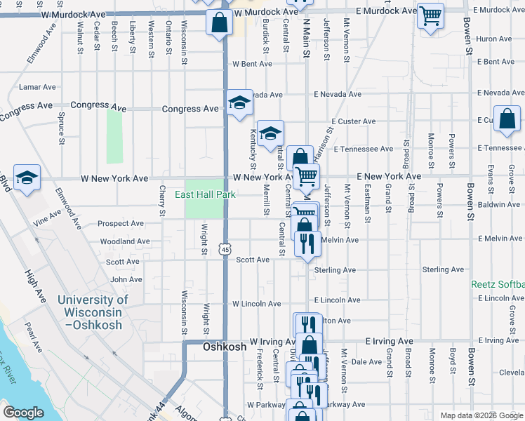 map of restaurants, bars, coffee shops, grocery stores, and more near 1121 Merrill Street in Oshkosh