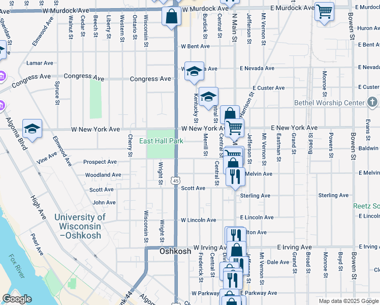 map of restaurants, bars, coffee shops, grocery stores, and more near 345 Saratoga Avenue in Oshkosh