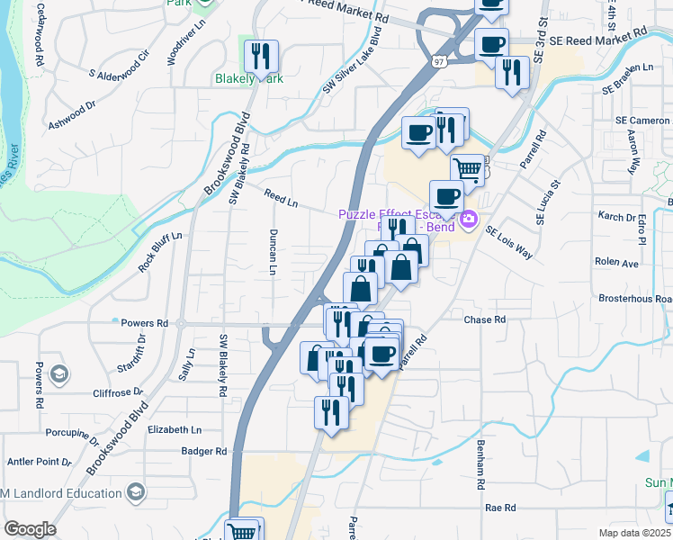 map of restaurants, bars, coffee shops, grocery stores, and more near 108 Bend Parkway in Bend