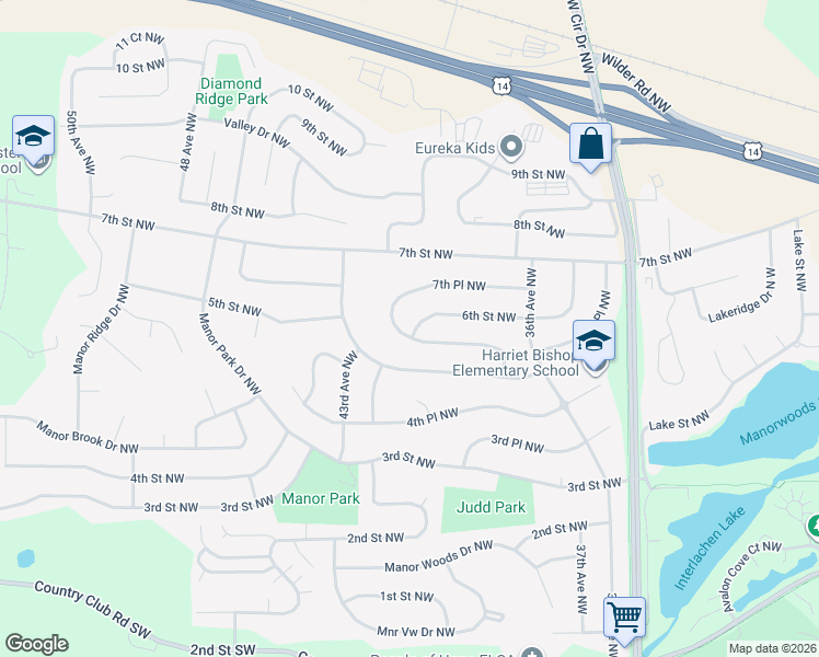 map of restaurants, bars, coffee shops, grocery stores, and more near 4028 6th Street Northwest in Rochester
