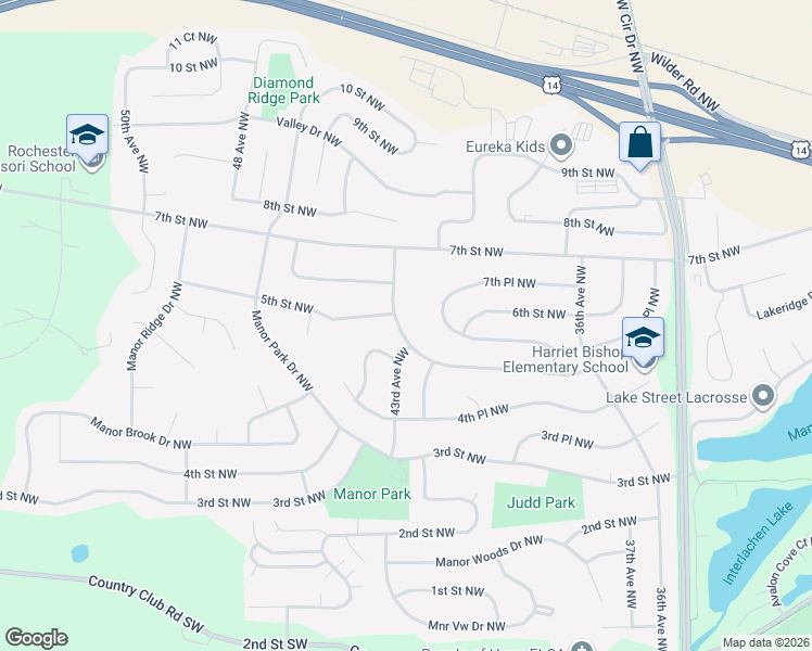 map of restaurants, bars, coffee shops, grocery stores, and more near 500 43rd Avenue Northwest in Rochester