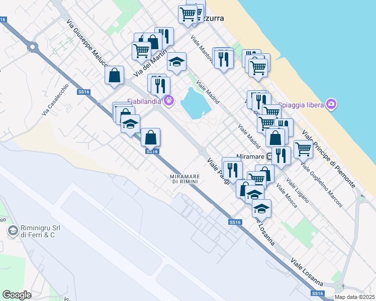 map of restaurants, bars, coffee shops, grocery stores, and more near Via Giorgio Ambrosoli in Rimini