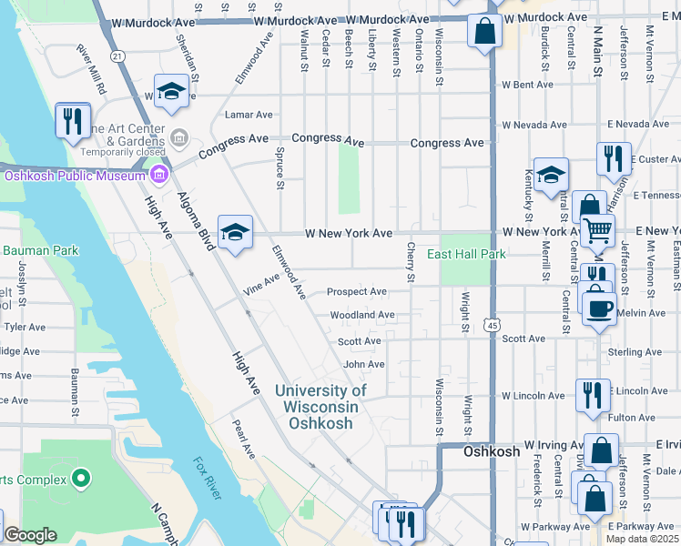 map of restaurants, bars, coffee shops, grocery stores, and more near 819 Vine Avenue in Oshkosh