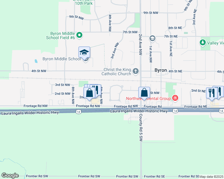 map of restaurants, bars, coffee shops, grocery stores, and more near 314 2nd Street Northwest in Byron