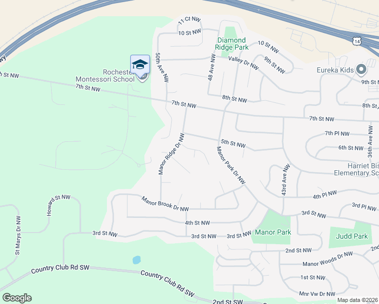 map of restaurants, bars, coffee shops, grocery stores, and more near 4805 Manor Point Lane Northwest in Rochester