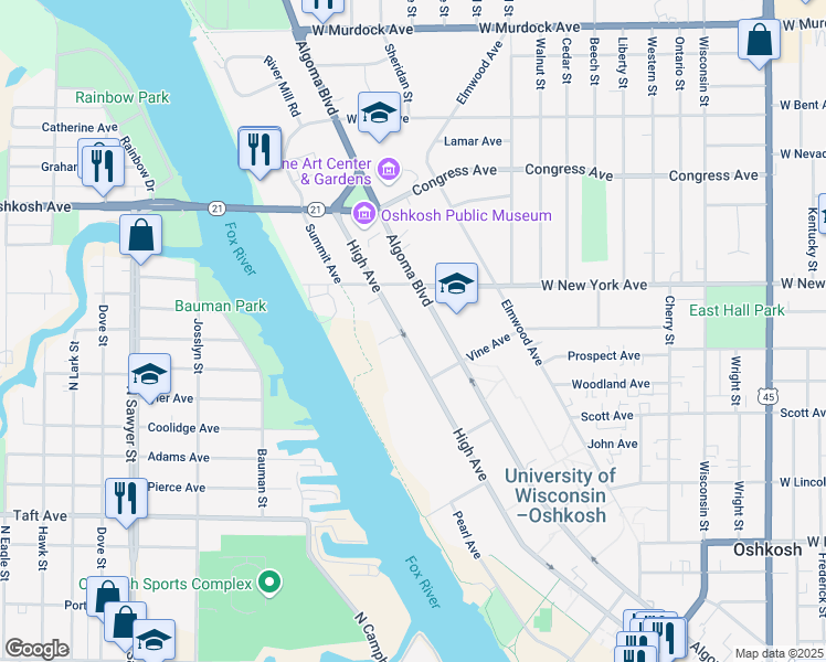 map of restaurants, bars, coffee shops, grocery stores, and more near 1166 High Avenue in Oshkosh