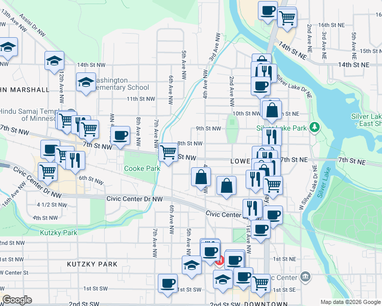 map of restaurants, bars, coffee shops, grocery stores, and more near 418 8th Street Northwest in Rochester