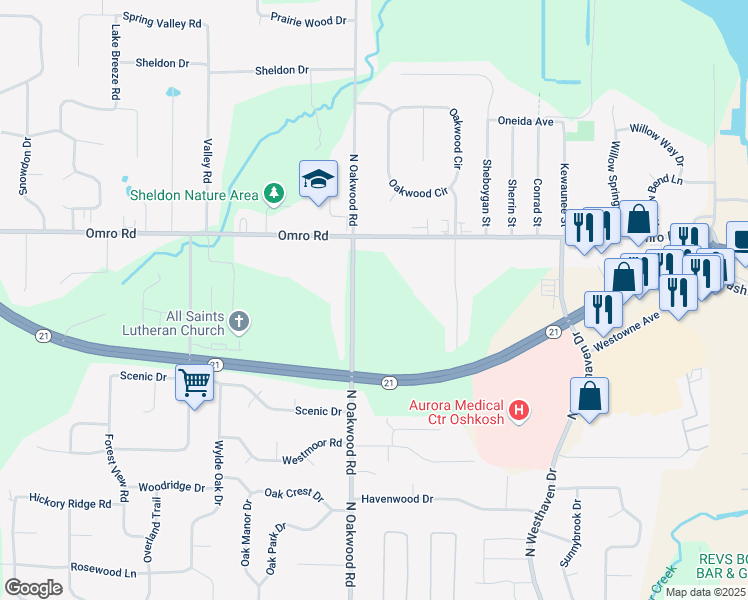 map of restaurants, bars, coffee shops, grocery stores, and more near 1018 North Oakwood Road in Oshkosh