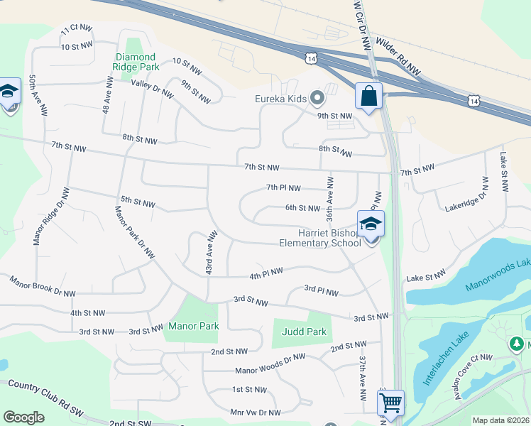 map of restaurants, bars, coffee shops, grocery stores, and more near 4028 6th Street Northwest in Rochester