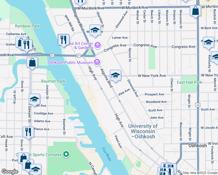 map of restaurants, bars, coffee shops, grocery stores, and more near 1141 Algoma Boulevard in Oshkosh
