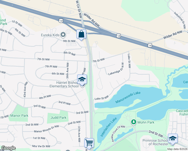 map of restaurants, bars, coffee shops, grocery stores, and more near 456 Panorama Circle Northwest in Rochester