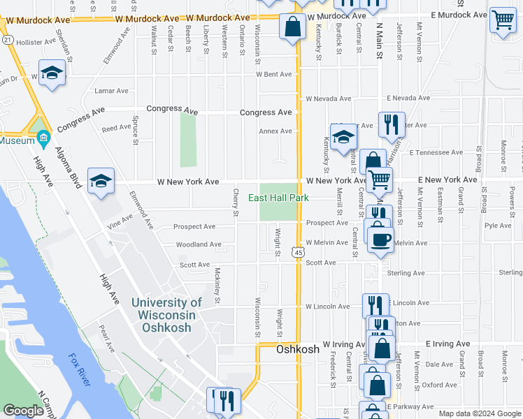 map of restaurants, bars, coffee shops, grocery stores, and more near 1130 Wisconsin Street in Oshkosh
