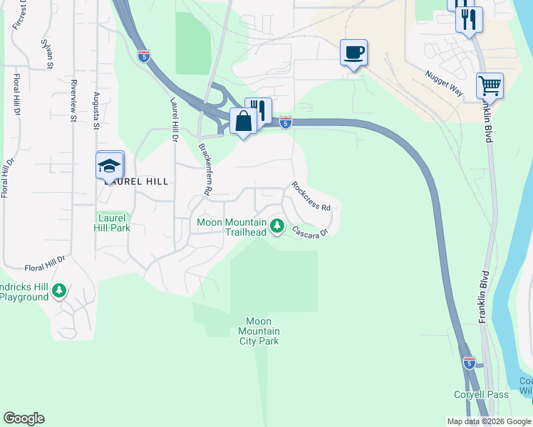 map of restaurants, bars, coffee shops, grocery stores, and more near 3655 Snowberry Road in Eugene