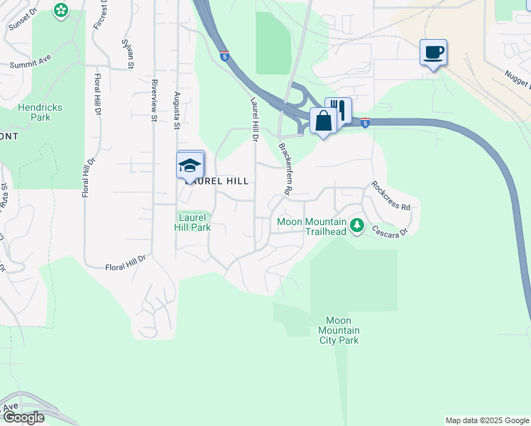 map of restaurants, bars, coffee shops, grocery stores, and more near 3015 Oakfern Road in Eugene