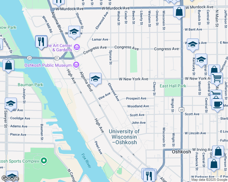 map of restaurants, bars, coffee shops, grocery stores, and more near 849 Vine Avenue in Oshkosh