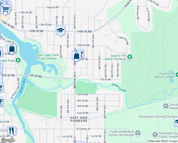 map of restaurants, bars, coffee shops, grocery stores, and more near 724 13th Avenue Northeast in Rochester