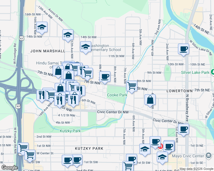 map of restaurants, bars, coffee shops, grocery stores, and more near 826 7th Street Northwest in Rochester